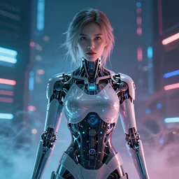 portrait of a cyberpunk beautiful young woman by Greg Rutkowski, biomechanical, full size highly detailed portrait, futuristic, digital engine, cinematic, 8k,luminous, Blade Runner background, vapor