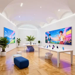 ( ( ( minimalist neon flagship samsung store, white walls. beautiful parquet floor. arched ceilings with lights. geometric furniture, large digital screens. display tables with phones and tablets, verdant plants, large digital screens on walls ) ) ) concept art, vibrant colour, john berkey, beeple, wlop, makoto shinkai, yoji shinkawa, wadim kashin, artstation, 4 k