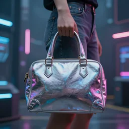 a girl wearing a handbag from the future, cyberpunk background, highly detailed, epic lighting, hyper photorealism, 8 k