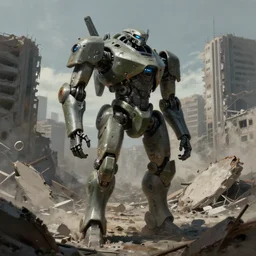 a bipedal mech standing among the rubble of a destroyed city by simon stalenhag, artstation, mecha, military, science fiction, digital painting