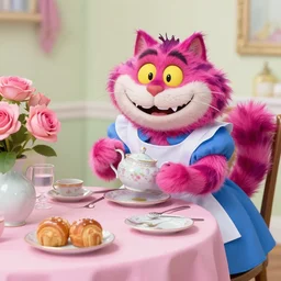 the cheshire cat from alice in wonderland having a tea party by anna dittmann, highly detailed, bright tones