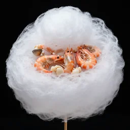 color digital photo of cotton candy covered with seafood