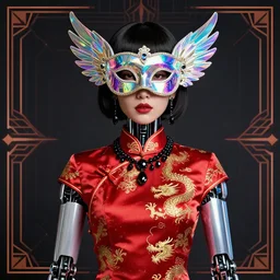 “ portrait of a female cyborg opera singer, chinese, short hair, half - robot half - human, red qipao, gold dragon pattern, holographic carnival mask, holographic wings, black crystal jewelry, cyberpunk, geometric patterns, art deco ”