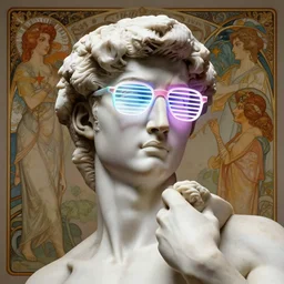 a detailed marble sculpture of the statue of david wearing glowing neon slotted 1 9 8 0 s glasses, vaporwave style masterpiece, 8 k, art by greg rutkowski and albert bierstadt and arthur rackham and alphones mucha