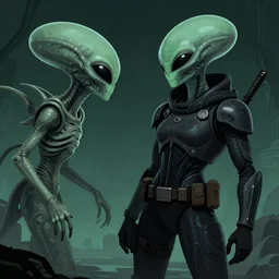 An stylized image of an badass MIB encountering an alien for the first time, detailed, ominous, matte colors