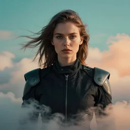 symmetry!!! closeup portrait! of a cyborg racer girl, fashion black racing jumpsuit, shoulder pads, in clouds, cinematic light, windy, teal orange, volumetric smoke simulation! by gerald brom, by mikhail vrubel, by peter elson, muted colors, extreme detail, trending on artstation, 8 k