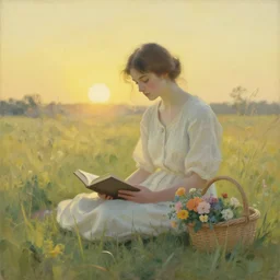 haunting pixabay, pale yellow by eric zener, by elaine de kooning. a body art of a young woman seated in a meadow, with the sun just beginning to rise behind her. the woman is looking down at a book in her lap, & there is a basket of flowers beside her.