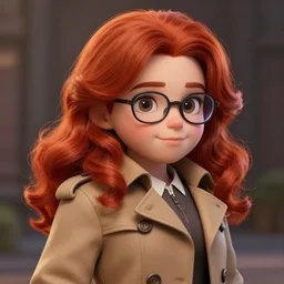 highly detailed, digital art, pixiv fanbox, trending on artstation, ray tracing, volumetric lighting, sharp focus, hq, fallout 4 sytle character, cute chubby redhead girl with one side soft curl long hair and glasses, wearing a trench coat, by artgerm, wlop, greg rutkowski, miyazaki hayao