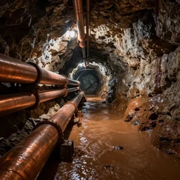 underground copper mine, flooded, pipes