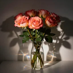 roses in cinematic light, shadows, dramatic and very very very very beautiful masterpiece, light reflection, light refraction, transparent glass vase, optical caustics