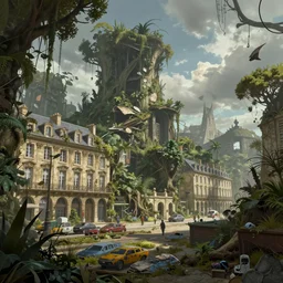 quai des chartrons in bordeaux turned into a post apocalyptic jungle, matte painting, ultra detailed, artstation