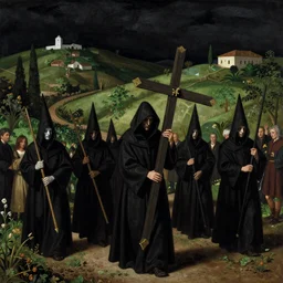 A Holy Week procession of grim reapers in a lush Spanish landscape at night. A hooded figure at the front holds a cross. El Greco, Carl Gustav Carus, Edward Hopper.