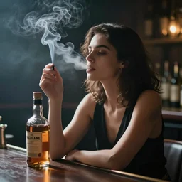 the smoking woman in the bar with wisky bottle, 35mm double-exposure photo, dramatic soft light, deep shadows and colors, photorealistic, detailed smoke and dust, natural textures, sensual, calming, depth of field, ambient occlusion, motion blur, HD, masterpiece, volumetric, chromatic aberration by Richard Avedon, style of Ade Santora, perfect composition, masterpiece, intricate detailed