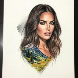 tattoo design sketch megan fox mash up effect with beautiful mountain scenery, in the style of matteo pasqualin, amazing detail