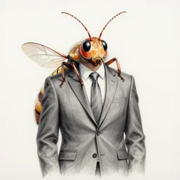 a detailed drawing of a human large insect wearing a business suit and working behind the computer in the office.