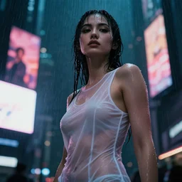 hyperdetailed cinematic portrait looking at a low angle with a 4 0 0 mm lens and bokeh under the dim lights of screens with advertising at a lone sexy model, face with artgram, wearing a sheer wet see through white dress getting soaked in the rain blade runner aesthetic