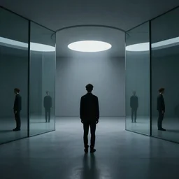 dark matter red art house future alone man going limbo hipper sphere reflection in the mirror room schizophrenia and stratification of consciousness mind man full HD 8K resolution center picture