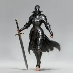 fantasy visual, female vampire warrior, full body portrait, barefoot, no shoes, exposed toes, nail polish, black full plate armor, historical armor, realistic armor, muscular, covered chest, metal mask, giant two - handed sword dripping blood, flying, grinning, realistic, dungeons and dragons.