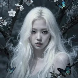 a beautiful ghost greyscale portrait jennie rose blackpink black eyes smoke trees blossom, butterfly hard lighting ethereal horror fantasy artwhite, blue green by raymond swanland, gaston bussiere craig mullins alphonse mucha basil gogos norman rockwell, jack kirby, ruan jia, roberto ferri, jeremy mann, monet, by wlop, moebius syd mead roger dean yoshitaka am