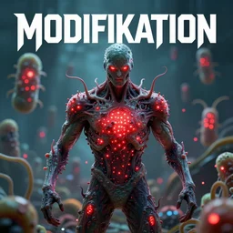 a dystopian superhero comic book called modifikation, about bacterium algae that eats people and creates large red diodes all over their bodies hdr, designed by comicraft and yasushi nirasawa, hyperrealistic, 8 k, bokeh, prism, octane render