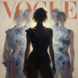 fashion model silhouette smoke, soft sun light, fuzzy iridescent glare, poster art, high detail, intricate oil painting, multiple exposure, hyperrealism, vouge cover style, by stanley kubrick and greg rutkowski