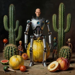 a still life of robotic fruit and cactus in the style of wayne barlowe, gustav moreau, peter mohrbacher, bussiere, roberto ferri, santiago caruso, luis ricardo falero, austin osman spare, boris vallejo, hajime sorayama, dali