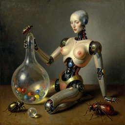 sleak seductive futuristic robot body, enticing colorful oil painting dutch golden age vanitas still life sparse composition with bulbous objects strange transparent surfaces shiny metal reflections beautiful mutant meat insects rachel ruysch dali todd schorr very detailed perfect composition rule of thirds masterpiece canon 5 0 mm, cinematic lighting, photography, retro, film, kodachrome