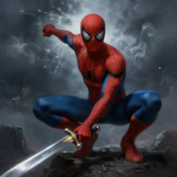 anthropomorphic spiderman warrior wielding a sword, highly detailed matte fantasy painting, stormy lighting, by ross tran, by artgerm, by lisa frank, by brom, by peter mohrbacher
