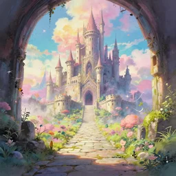 a dreamy otherworldly render of stone pathway through portal to dystopian post - apocalyptic abandoned castle, studio ghibli, pixar and disney exploded - view drawing, sharp, disney octane render splatter paint vray by shinji kimura and alphonse mucha and alena aenami, maximalist pastel color palette, ( ( bloom ) ), dramatic lighting