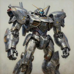 an intricate oil painting of a giant scrap metal anime mecha with rounded components by simon stalenhag