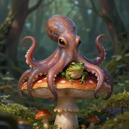 cthulhu octopus frog sitting on mushroom, full body shot, highly detailed, forest, digital painting, concept art, sharp focus, illustration, masterpiece, matte painting, glorious, unsettling, rim lighting, by lovecraft and greg rutkowski, luis royo and wayne barlowe, artstation