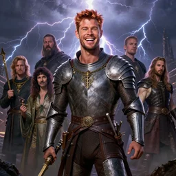 ( ( ( laughing ) ) ) ( ( ( ( copper haired chris hemsworth ) ) ) ) as destruction from sandman looking like kristofer hivju!!, medival armour!!, by jeremy mann, by frank moth, jeff easley, alphonse mucha, dave mckean, thunder & lightning, soft lightning, high detailed, 8 k