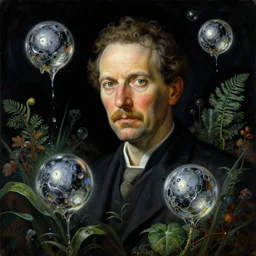a dark portrait painting of a scientist with floating orbs covered in liquid chrome mercury. botanic, futuristic atmosphere, black background. highly detailed science - fiction painting by norman rockwell, moebius, frank frazetta, and syd mead. rich colors, high contrast. artstation