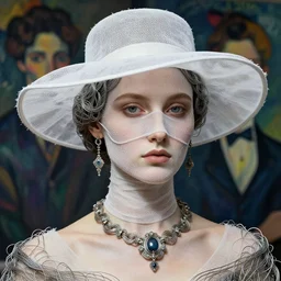 a beautiful futuristic portrait with hat made by wires and white gauze twisted around her face, necklace made by wires, design by leonardo davinci, inspired by egon schiele, modern art, baroque, jewelry, new classic, hyper realistic, highly detailed, cinematic composition, cinematic lighting, fashion design, concept art, hdri, 4 k