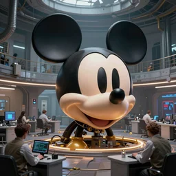 giant destroyed head of cyberpunk mickey mouse surrounded by engineers, inside of abandoned netflix office, by beeple, dystopia, golden ratio, octane render, redshift, trending on artstation, 8 k