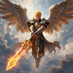 [ important ] amazing masterclass portrait of a floating winged aasimar paladin blond young man with amber eyes strong, wielding a flaming sword, in heaven ], hearthstone splash art, deiv calviz, splash art, natural light, fantasy, atmospheric lighting, by greg rutkowski, hearthstone splash art, hd wallpaper, ultra high details, cinematic composition, professional master piece made in one year