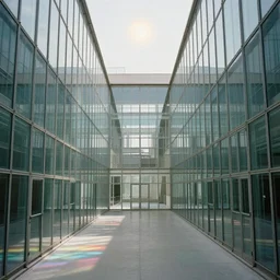 A beautiful photograph. The prison walls are glass. There is a sun far above, almost like the real one but not quite right, paler. Millions of glass-walled, glass floored cells stretch to infinity around me. The light filters through the transparent surfaces and makes rainbow colours on the floor.  by Carl Holsoe, by Paul Cézanne desaturated