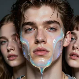close up of gorgeous hyperrealistic male face melts like iridescent ice cream, digital art masterpiece, highly detailed neo pop surrealism, jason limon kay sage hannah yata, dramatic lighting, medium shot, low angle, uhd 8 k, sharp focus