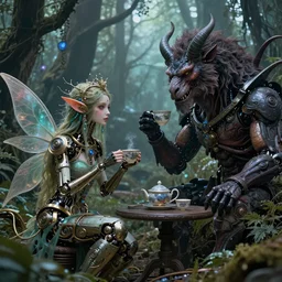 intricate mechanical fairy having tea with a cyborg demon in a magical forest, having tea with a giant minotaur. Very detailed 8k. Fantasy cyberpunk horror. Sharp. Cinematic post-processing