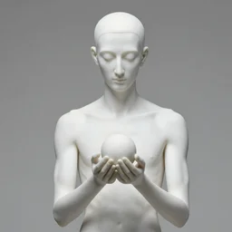 a white marble statue of a extremely thin man holding a sphere of particles in his hands the man is bald thin and very tall, his eyes are closed, the eyebrows form a continuous line with the nose, the sphere of particles is made of translucent, transparent crystal, it glows from an internal neon green light, the background is black, in the style of jago, photorealistic, extremely detailed, close shot, megascans, unreal engine, overcast