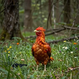 a large phoenix in a forest, sitting in a small patch of grass and flowers that aren't being burnt, hd, fantasy, realism