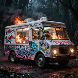 graffiti covered Ice cream truck on fire at night, vapor wave, volumetric lighting, haunting atmosphere, gothic, photorealistic, hyperdetailed 3D render, hyperrealism, hyperrealistic, cinematic, silent hill, horror style