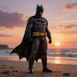 full body photo of batman, he is on a beach watching the sunset, by max rive, graphic studio design, high detail, unreal engine 5, trending on artstation