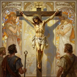 historical depiction of the romans persecuting jesus christ on the cross, in the style of greg rutkowski, alphonse mucha, digital painting, unreal engine, extremely detailed masterpiece, volumetric lighting