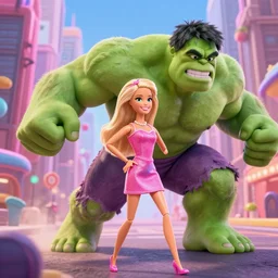 barbie dreamhouse adventure, barbie as the hulk, rampage through the city, anime, disney, pixar, 8 k, hd, kodak film, volumetric lighting, subsurface scattering, photorealistic, octane render, details, xgen fur