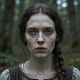 realistic, skin tinted a very pale tone, green eyes, detailed facial features, folk horror woman in a forest