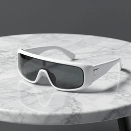 white futuristic glasses on a marble table, hyper detailed, 8k resolution, 3D render