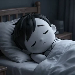 sad cartoon character laying down in a bedroom with black outlining, digital art, smooth and sharp focus, highly detailed, fine detail, dramatic, cinematic, gloomy, dark