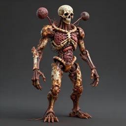 Techno-biological rusty Obiekt 490 Poplar consisting of tumors, meat, veins, bones, guts, kidneys, wires. Biopunk, body-horror, high detail, photorealism, full length view, very rust, concept art, octane render, 16k, 8k