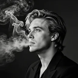 annie liebowitz photo of a man who's head is turning into a puff of smoke, black and white
